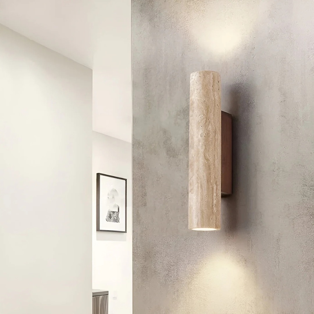 Moktan Sabai Modern Travertine Marble Cylinder LED Wall Sconce Warm White