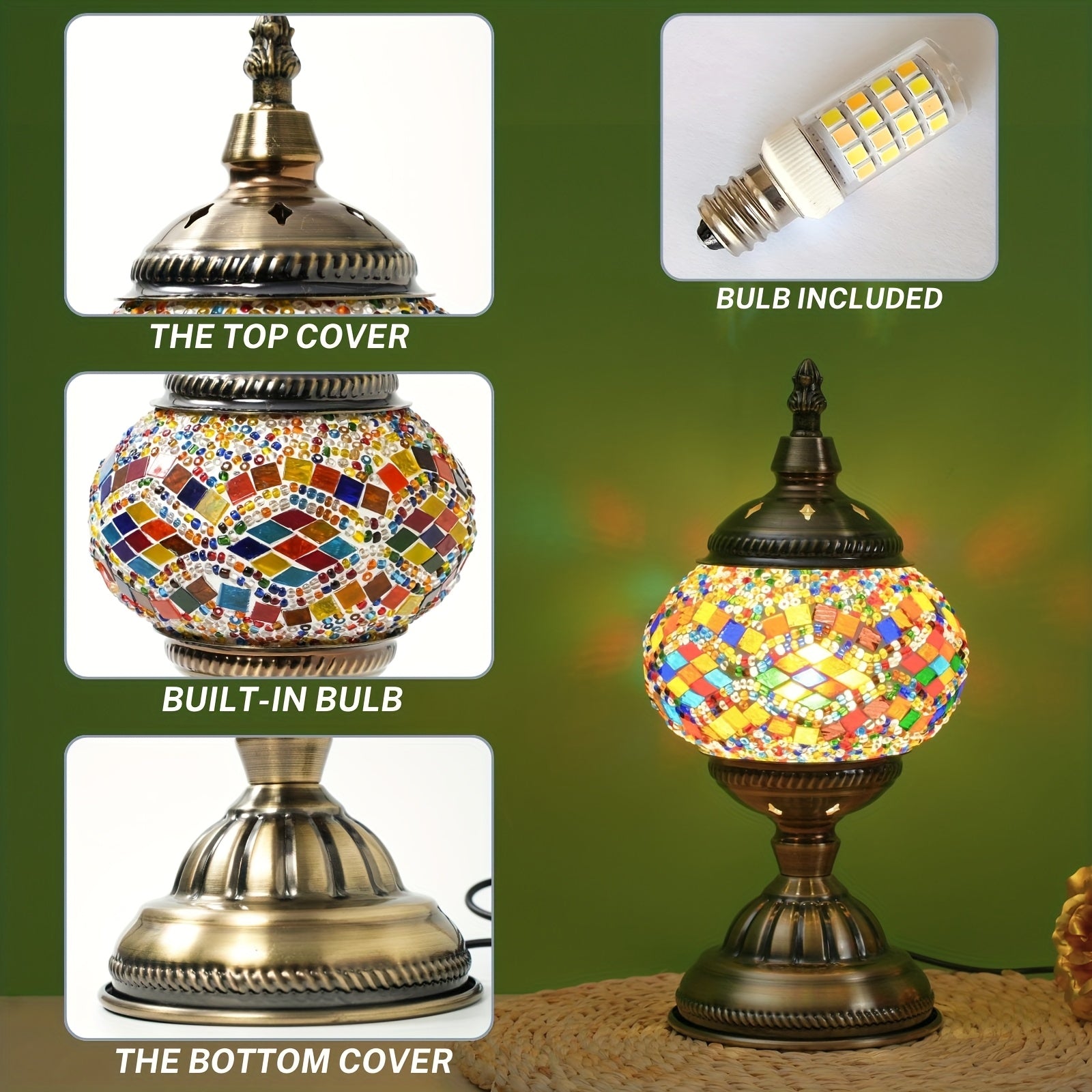 Moktan Sabai Handmade Turkish Mosaic Lamp – Dimmable Glass Pumpkin Night Light for Bedroom