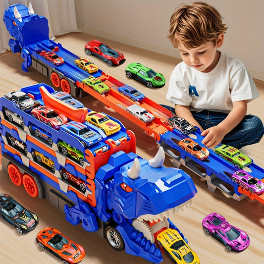 Dinosaur Race Track Car Toy Set for Boys | 12 Cars & Dino Transporter Truck