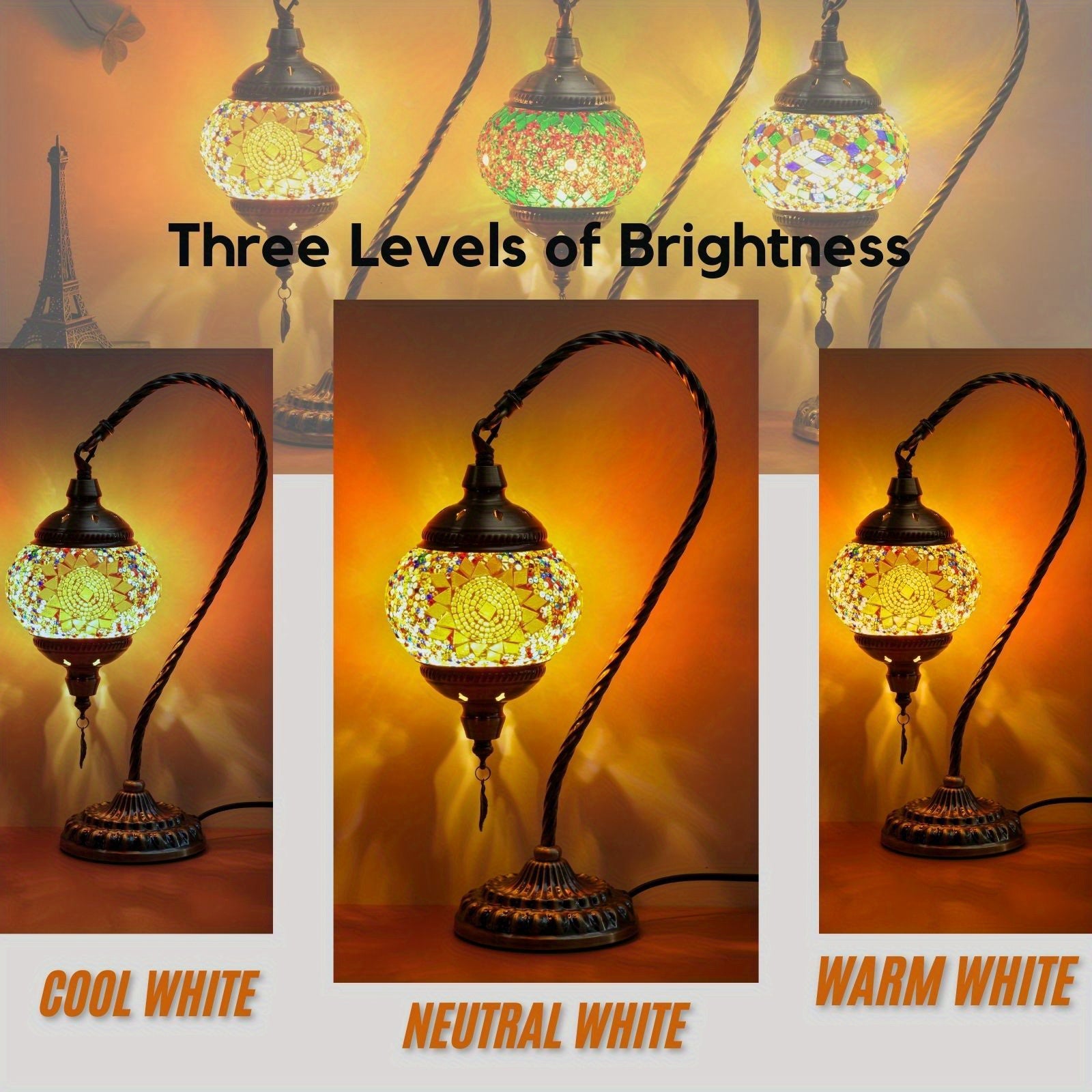 Moktan Sabai Turkish Mosaic Table Lamp – Swan Neck Moroccan Bedside Light with LED Bulb