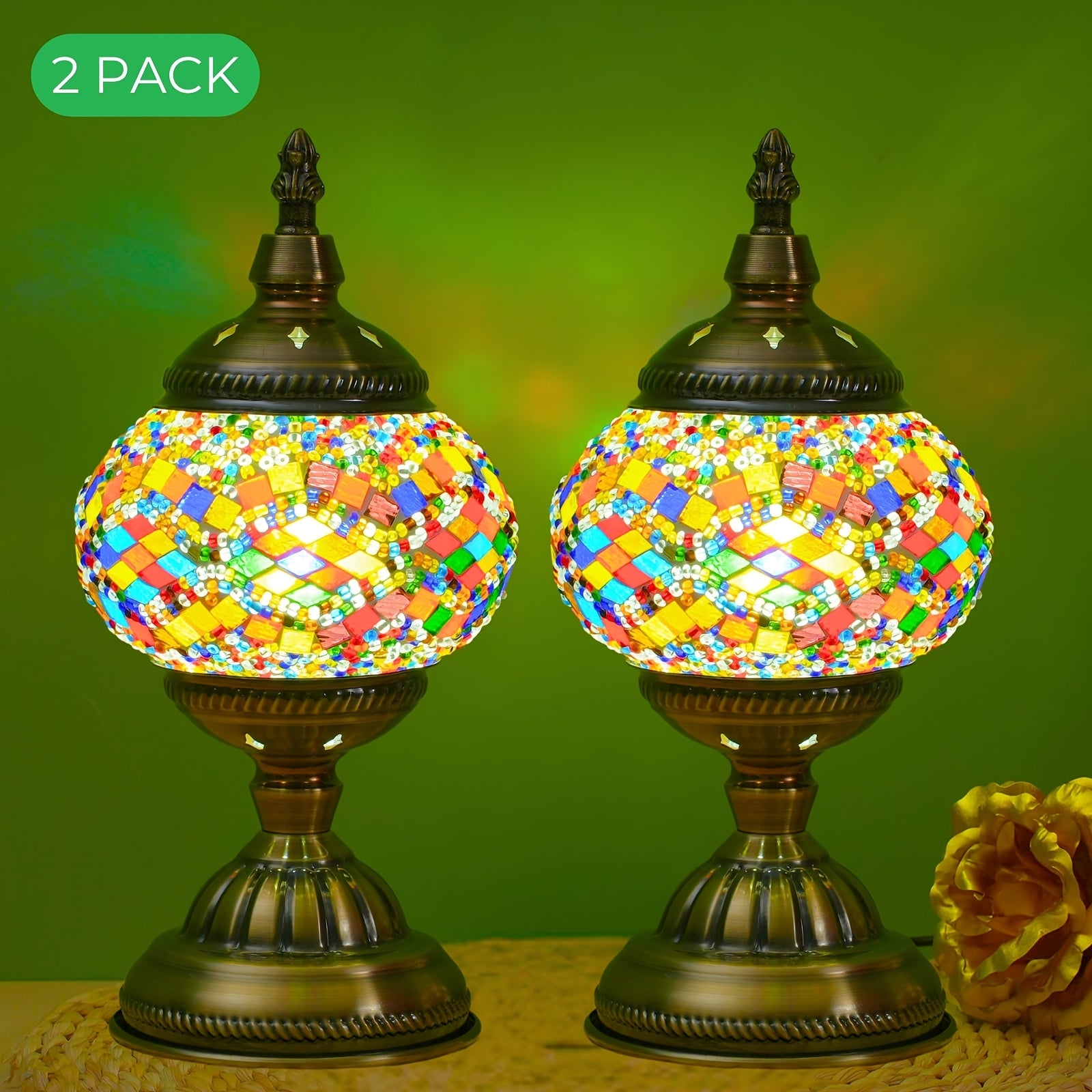 Moktan Sabai Handmade Turkish Mosaic Lamp – Dimmable Glass Pumpkin Night Light for Bedroom 2pc-Colorful