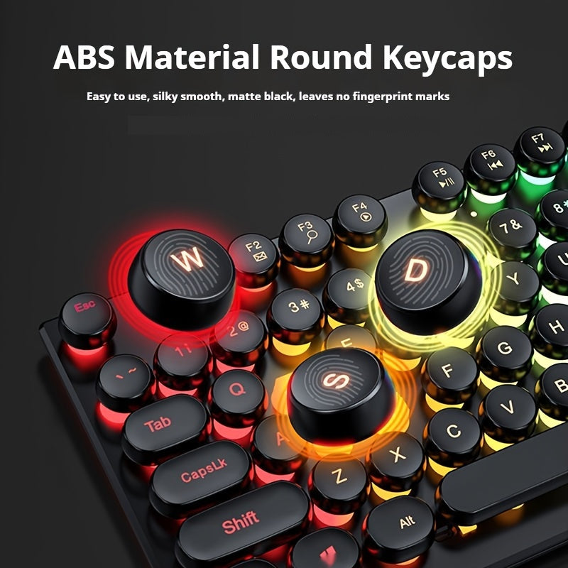 Retro RGB Gaming Keyboard with Round Keycaps, Wired USB Typewriter Keyboard, 104-Key