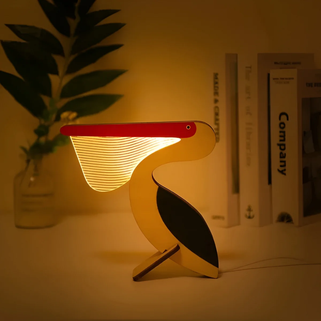 Moktan Sabai Nordic Wooden Animal LED Table Lamp Warm White USB Bedside Desk Decor Pelican (17x17cm) CA & US - 120 Volts