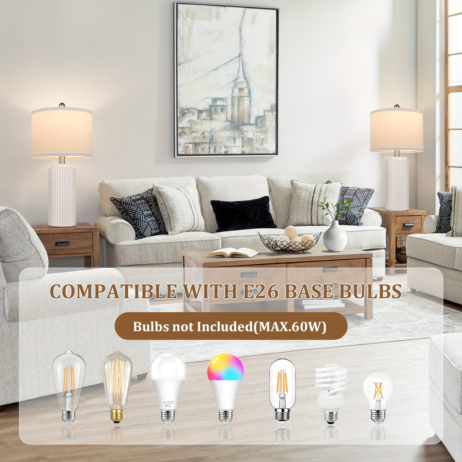Moktan Sabai Farmhouse Table Lamps Set of 2 – Ceramic Base Bedside Lamps for Bedroom & Living