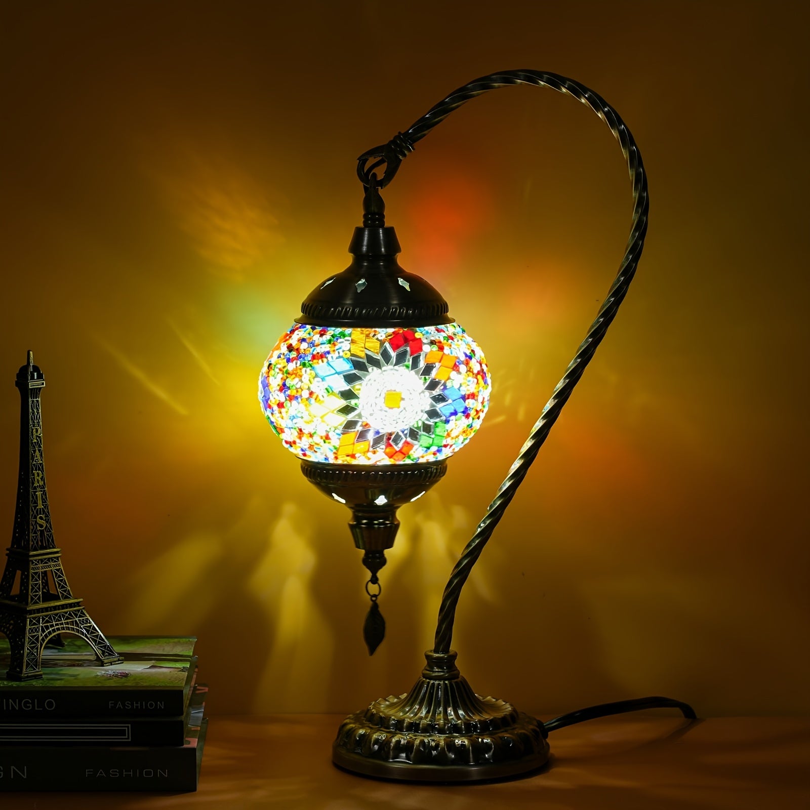 Moktan Sabai Turkish Mosaic Table Lamp – Swan Neck Moroccan Bedside Light with LED Bulb Multicolored-16