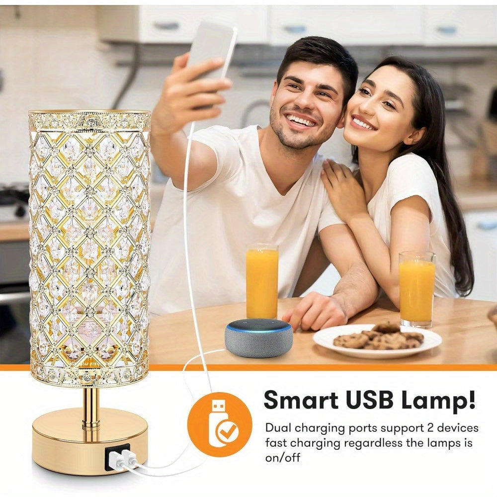 Moktan Sabai Set of 2 Crystal Table Lamps – Touch Control USB Bedside Lights, 3-Way Dimmable