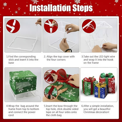 Lighted Christmas Gift Box Set of 3 with LED Lights, Outdoor Indoor Holiday Decor