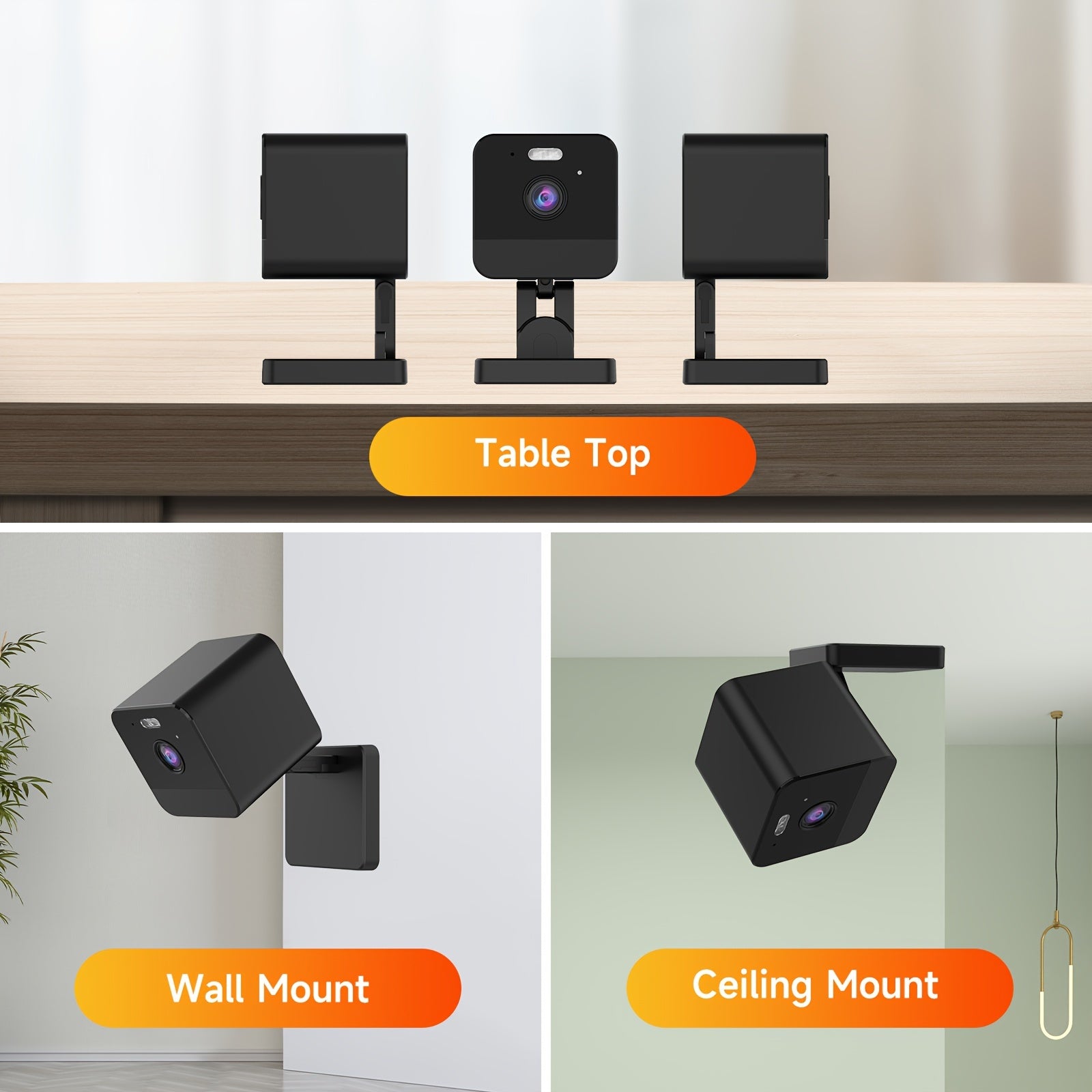 Black security camera with table top, wall mount, and ceiling mount options on a white background.