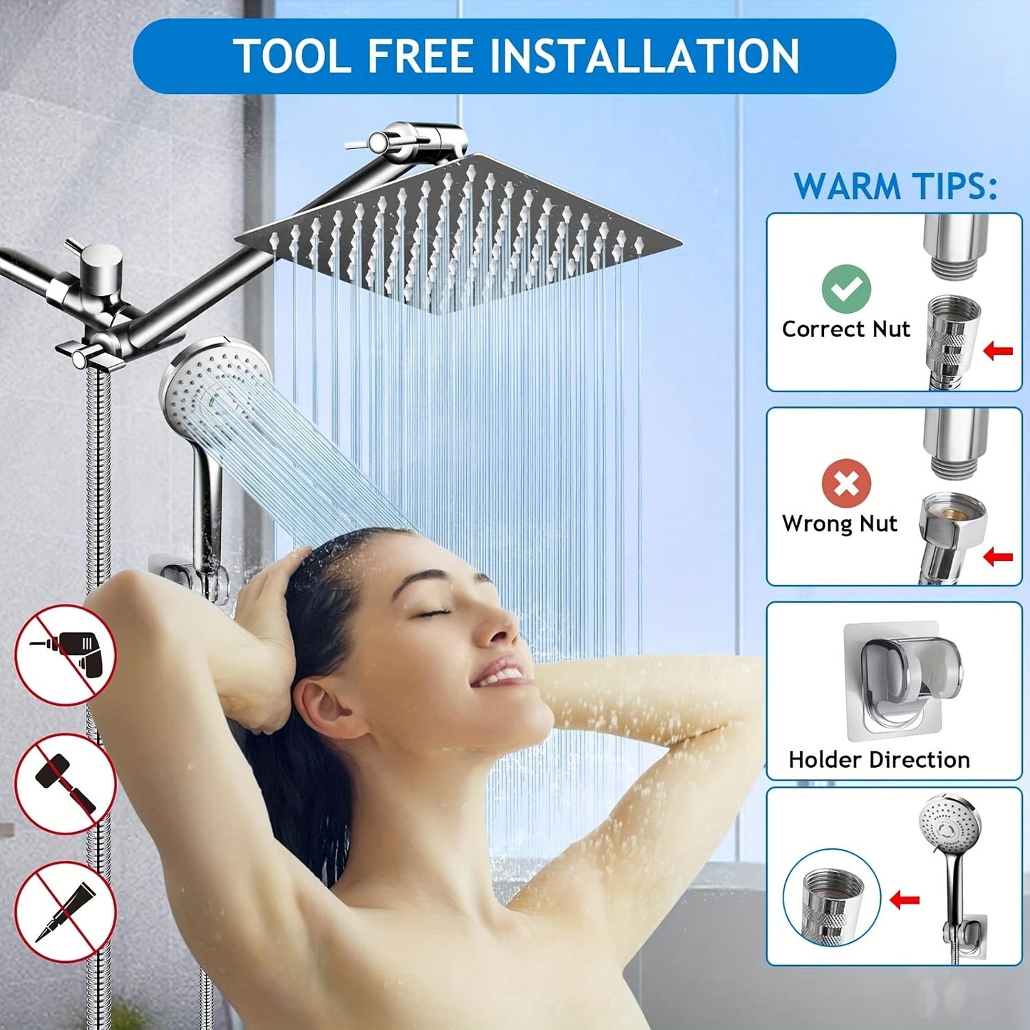 8 Rainfall Shower Head Combo – High Pressure, Handheld, 5 Settings, Extension Arm - Moktan Sabai