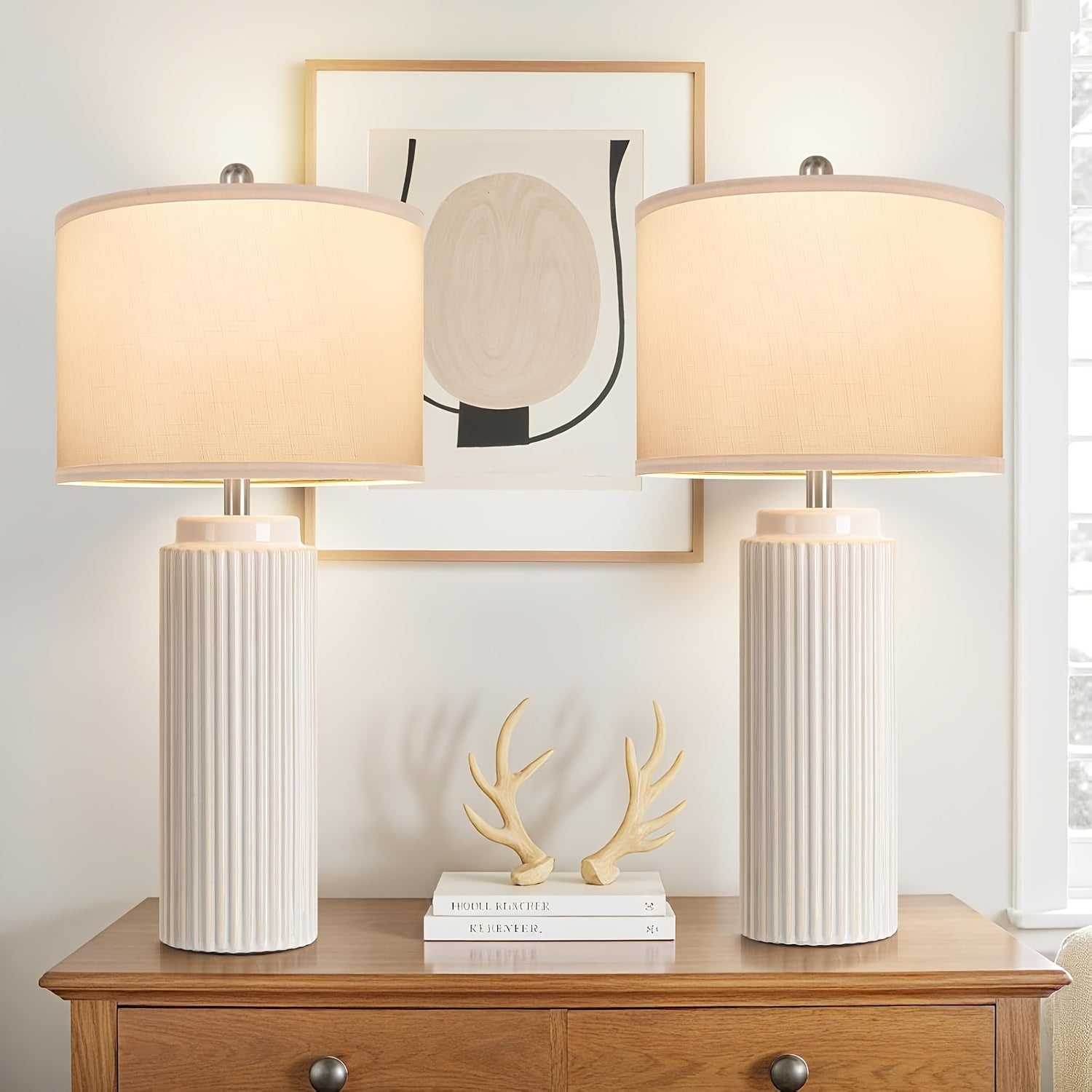 Moktan Sabai Farmhouse Table Lamps Set of 2 – Ceramic Base Bedside Lamps for Bedroom & Living Cream(28inch)