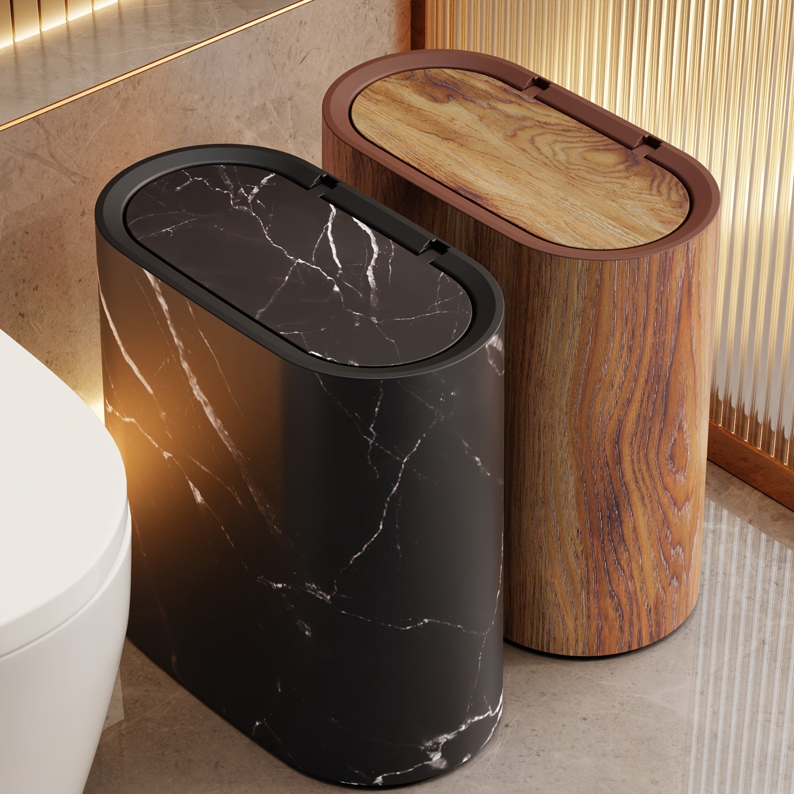 Moktan Sabai Marble Bathroom Trash Can with Lid Oval Small Kitchen Garbage Bin