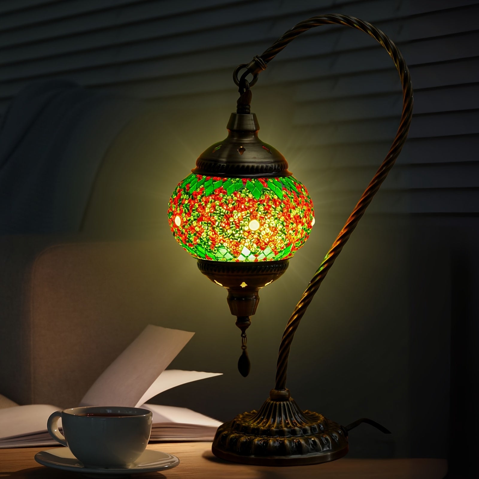Moktan Sabai Turkish Mosaic Table Lamp – Swan Neck Moroccan Bedside Light with LED Bulb Green And Red