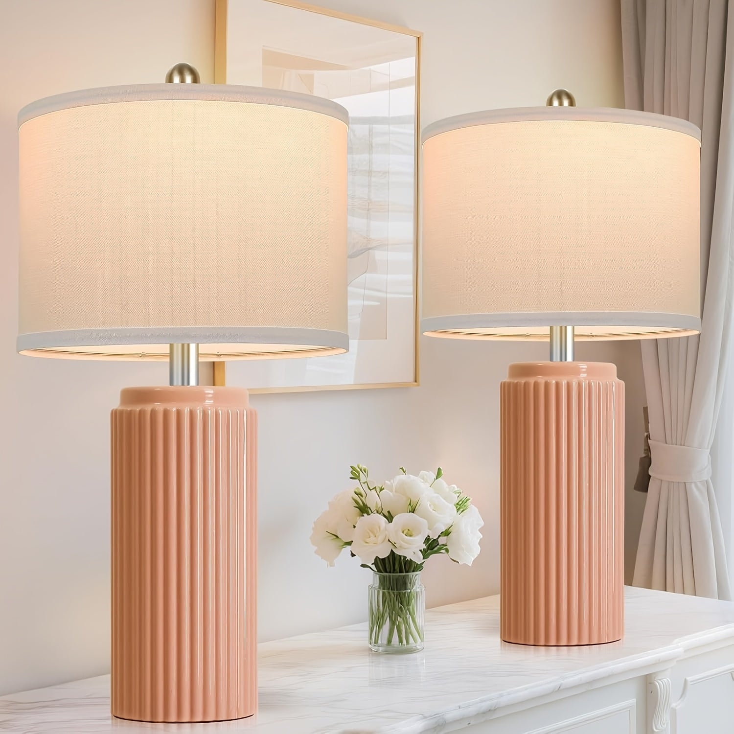 Moktan Sabai Farmhouse Table Lamps Set of 2 – Ceramic Base Bedside Lamps for Bedroom & Living Orange