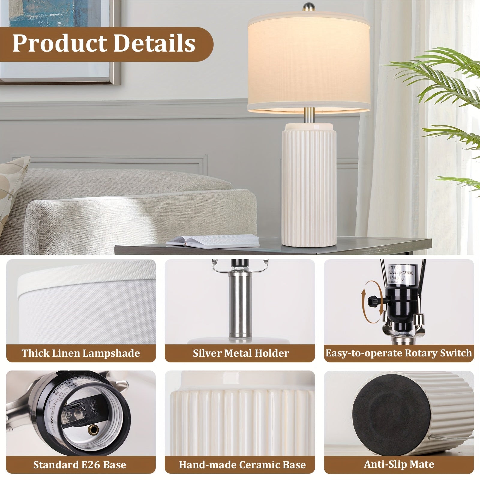 Moktan Sabai Farmhouse Table Lamps Set of 2 – Ceramic Base Bedside Lamps for Bedroom & Living