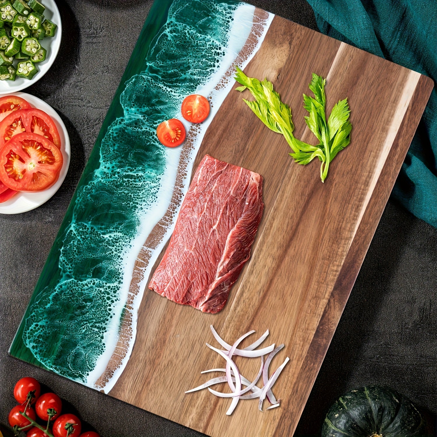 Moktan Sabai Acacia Wood Resin Wave Cutting Board Ocean River Serving Tray 46x23cm