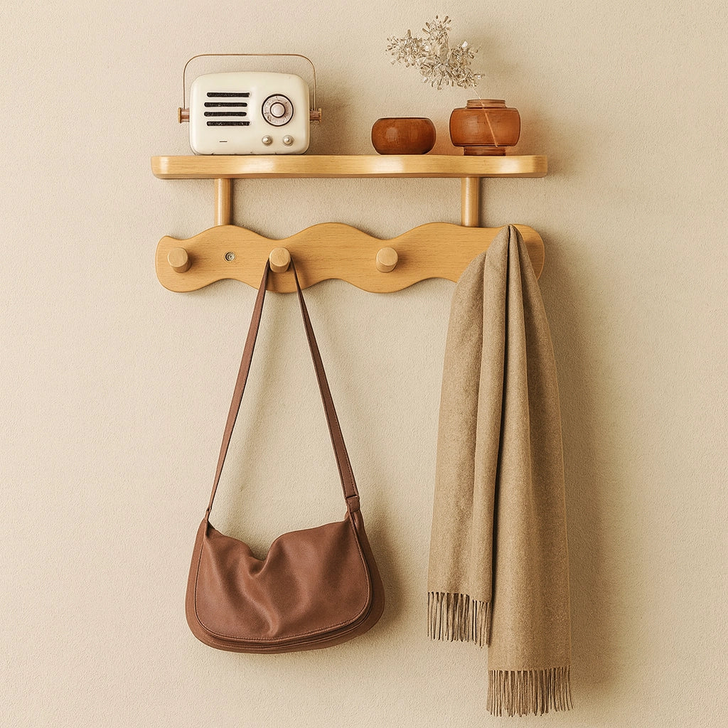 Moktan Sabai Bamboo Wall Coat Rack | Entryway Shelf & Hook Organizer Oak 4