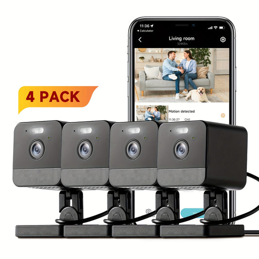 Four security cameras with a smartphone displaying a live feed on a white background