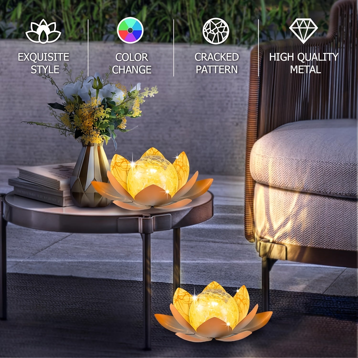 Moktan Sabai Set of 2 Lotus Solar Garden Lights – Waterproof Cracked Glass Outdoor Decor Lamps