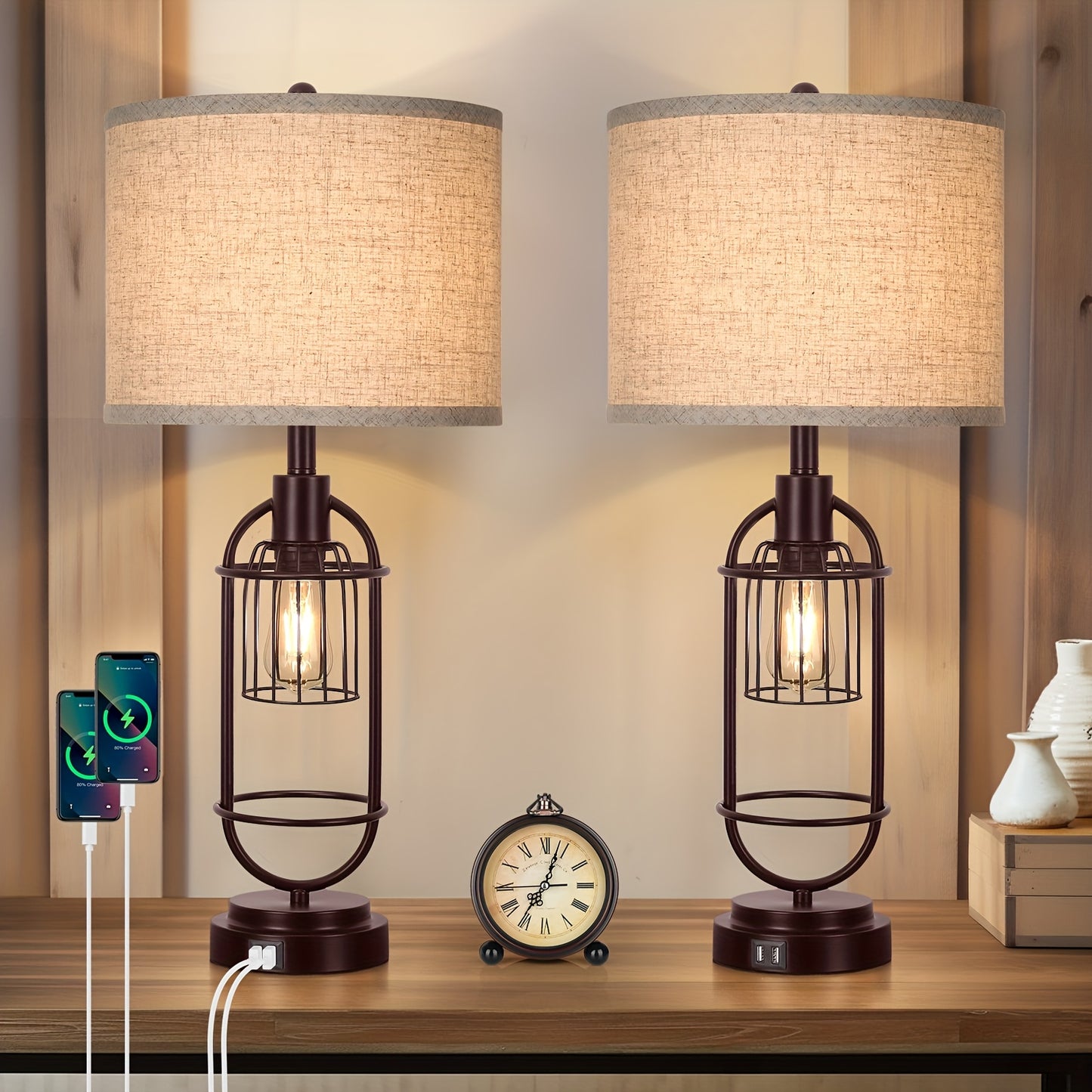Farmhouse Table Lamps Set of 2, 29" Tall, USB, 2-Light Bedside Lamps, E26