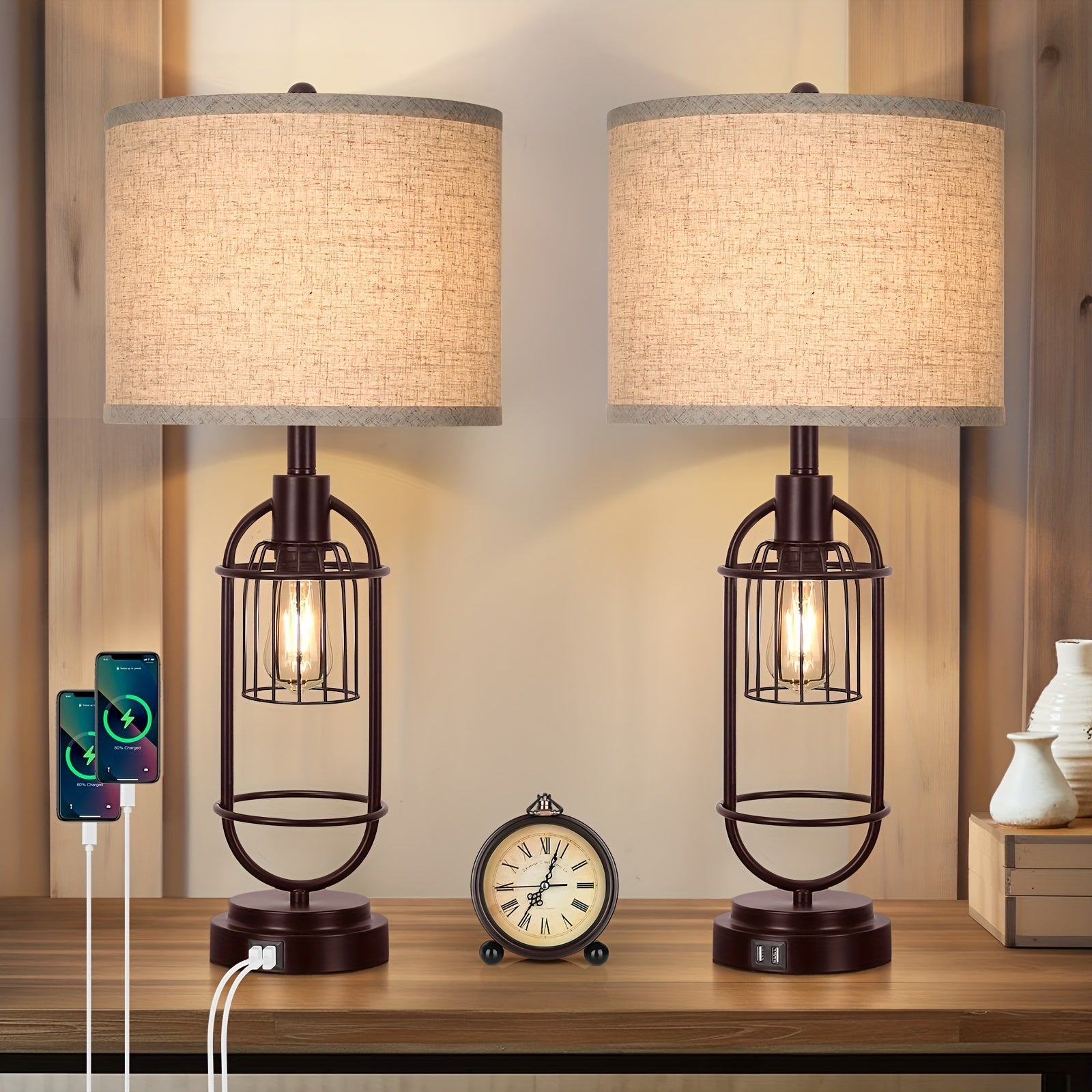 Moktan Sabai Farmhouse Table Lamps Set of 2, 29" Tall, USB, 2-Light Bedside Lamps, E26 Oil Rubbed Bronze