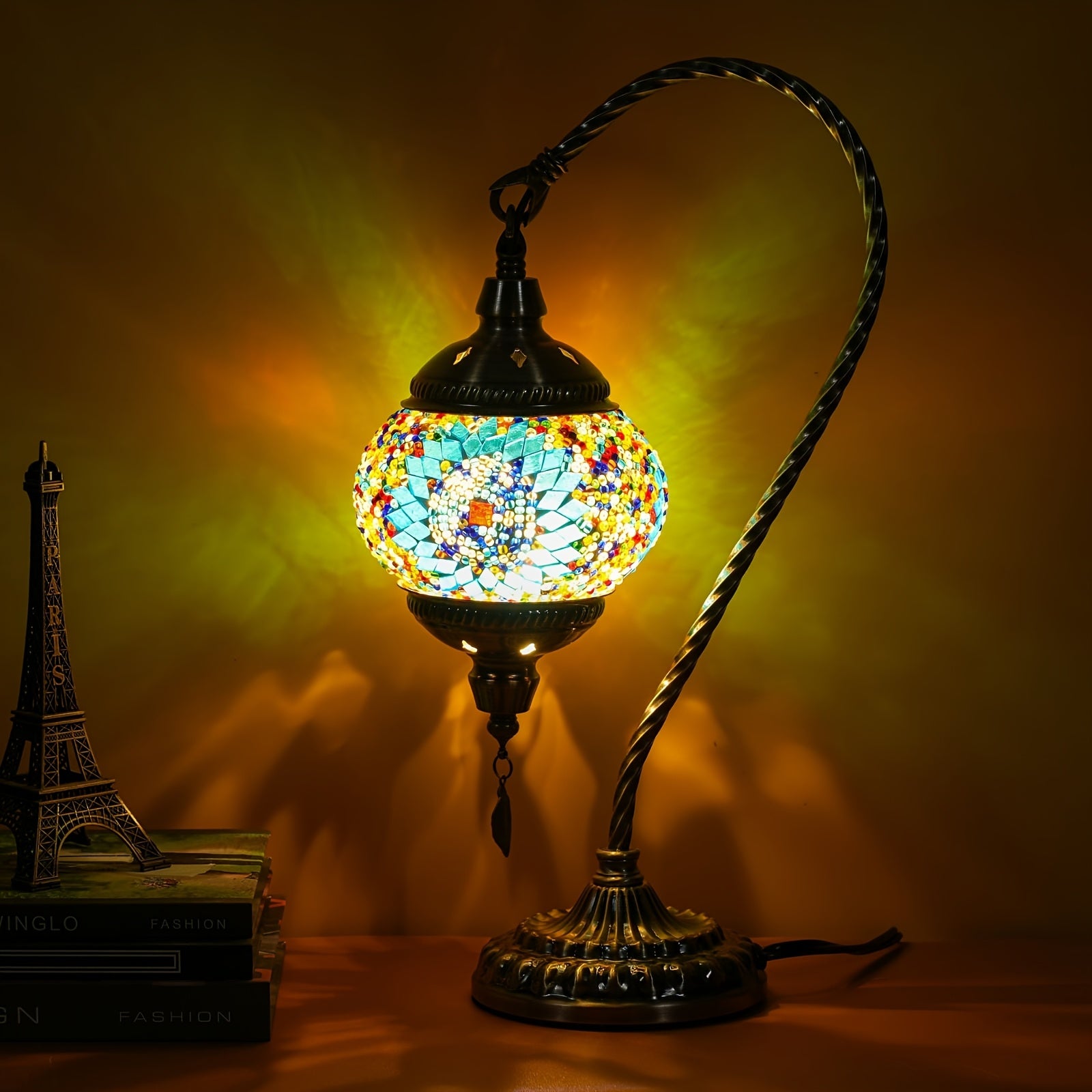Moktan Sabai Turkish Mosaic Table Lamp – Swan Neck Moroccan Bedside Light with LED Bulb Multicolored-15