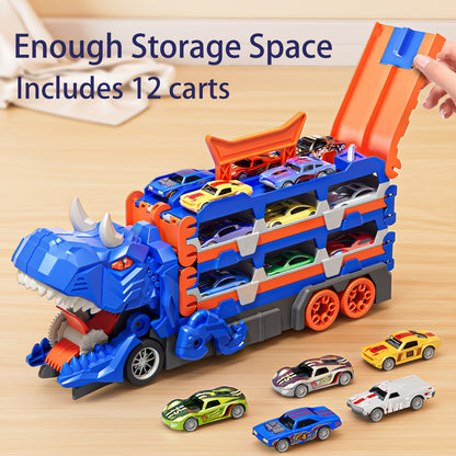 Dinosaur Race Track Car Toy Set for Boys | 12 Cars & Dino Transporter Truck