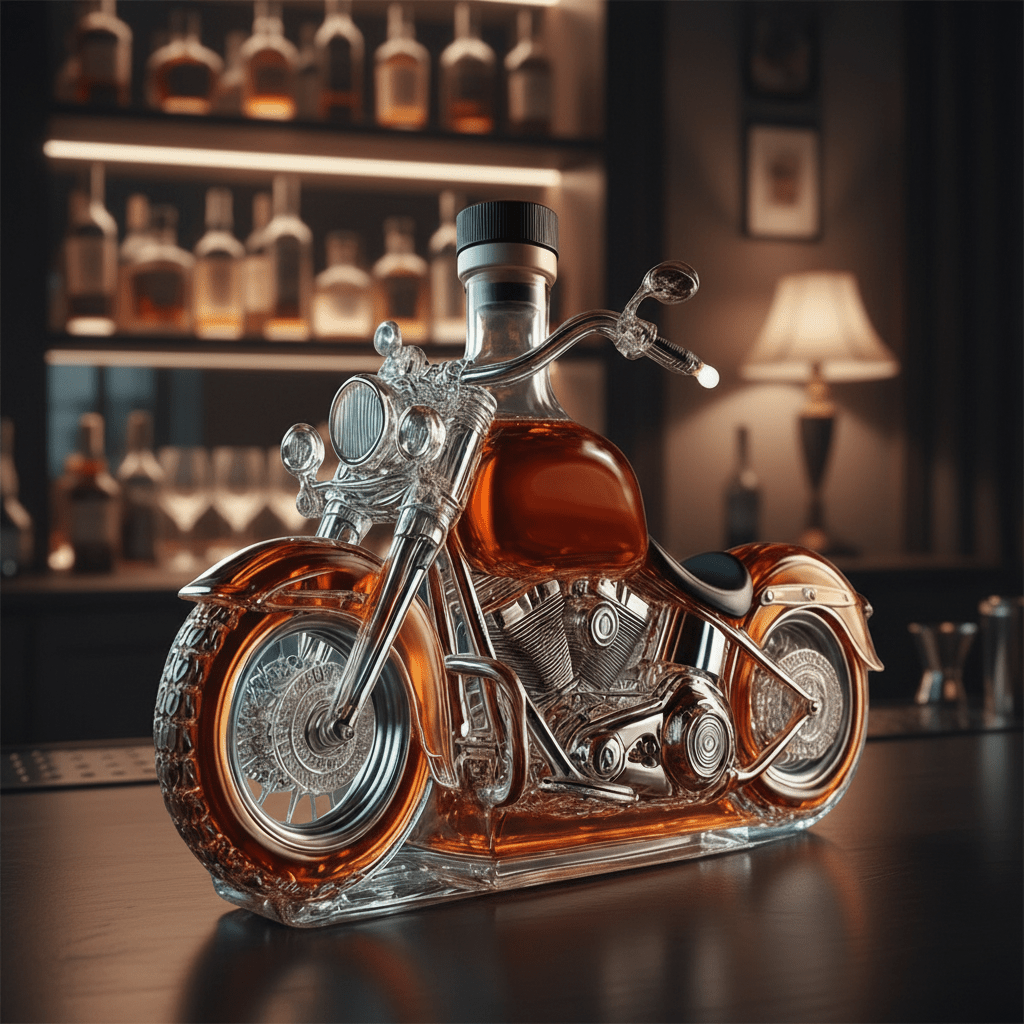 Moktan Sabai Motorcycle Engine Whiskey Decanter Glass V-Twin Liquor Bottle Bar Decor