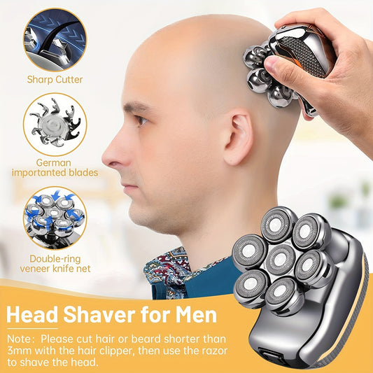 6-in-1 Rechargeable Head Shaver for Men – Wet Dry Razor, Beard Trimmer, Clippers