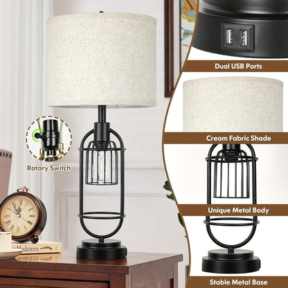 Farmhouse Table Lamps Set of 2, 29" Tall, USB, 2-Light Bedside Lamps, E26