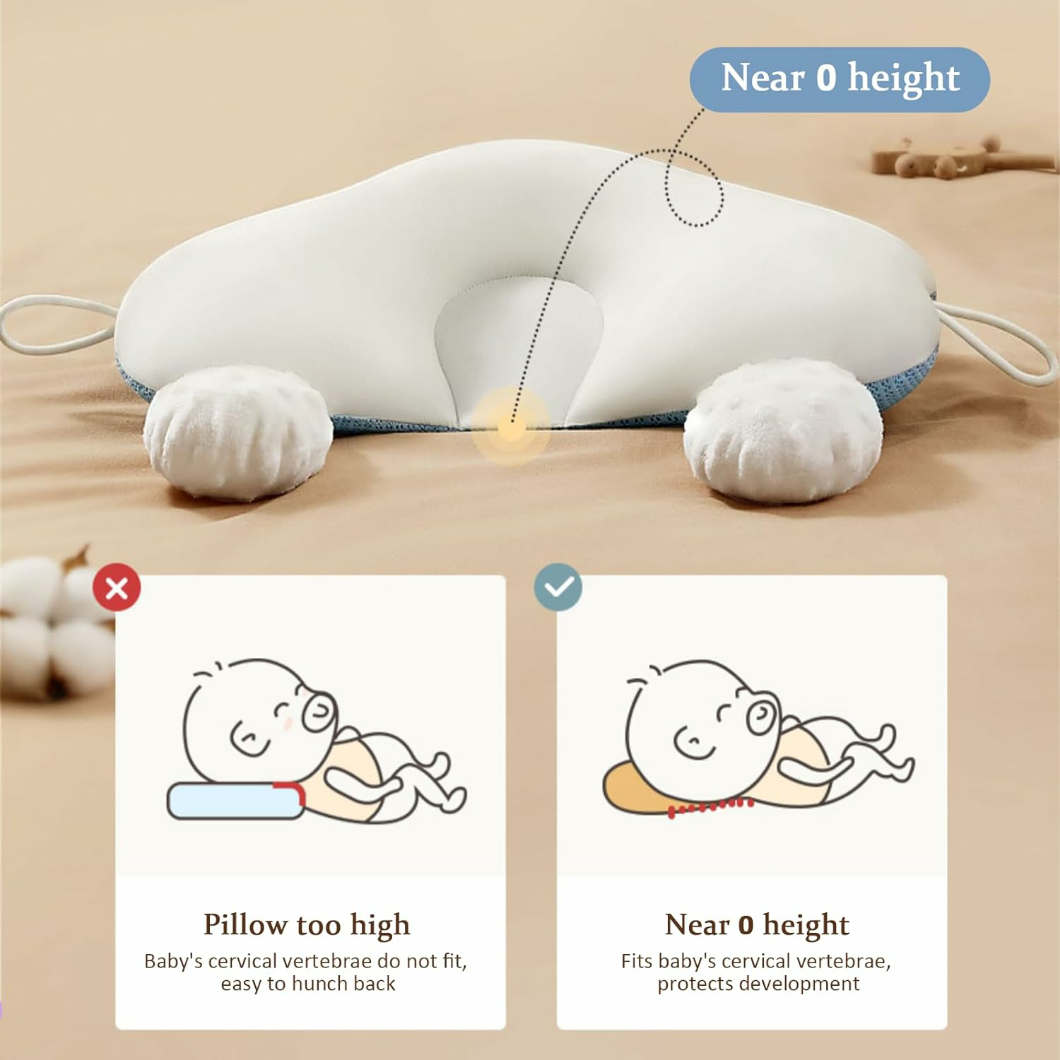 Moktan Sabai Baby Anti Flat Head Pillow Organic Cotton Infant Sleeping Support Cushion