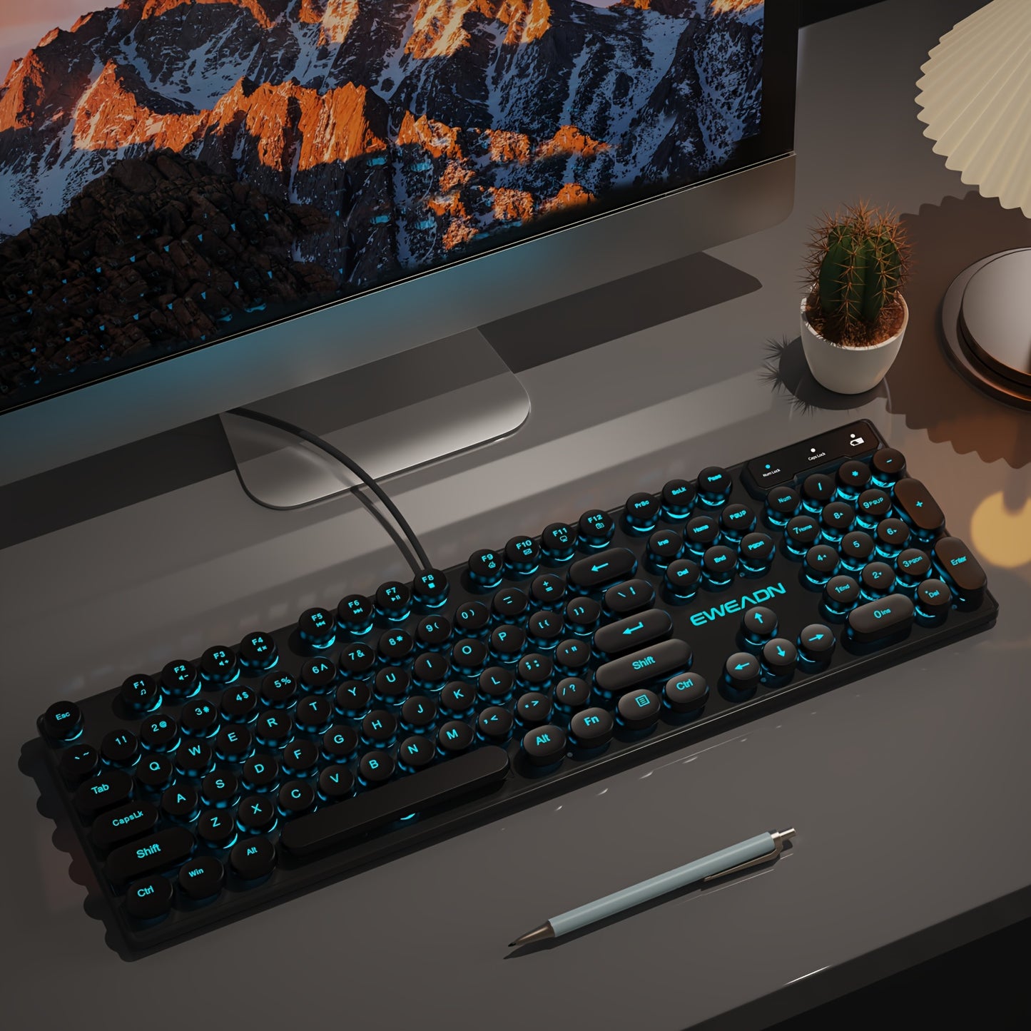 Retro RGB Gaming Keyboard with Round Keycaps, Wired USB Typewriter Keyboard, 104-Key