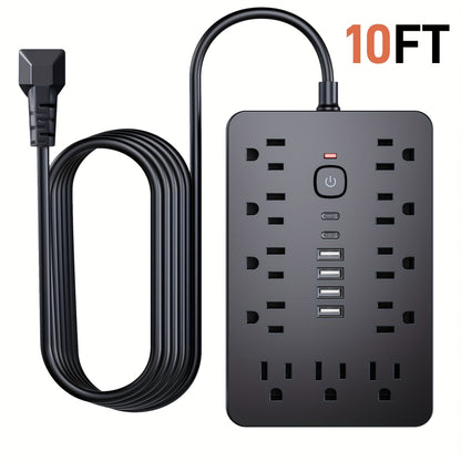 17-in-1 Power Strip Surge Protector – 11 AC Outlets, 4 USB, 2 Type-C, Flat Plug