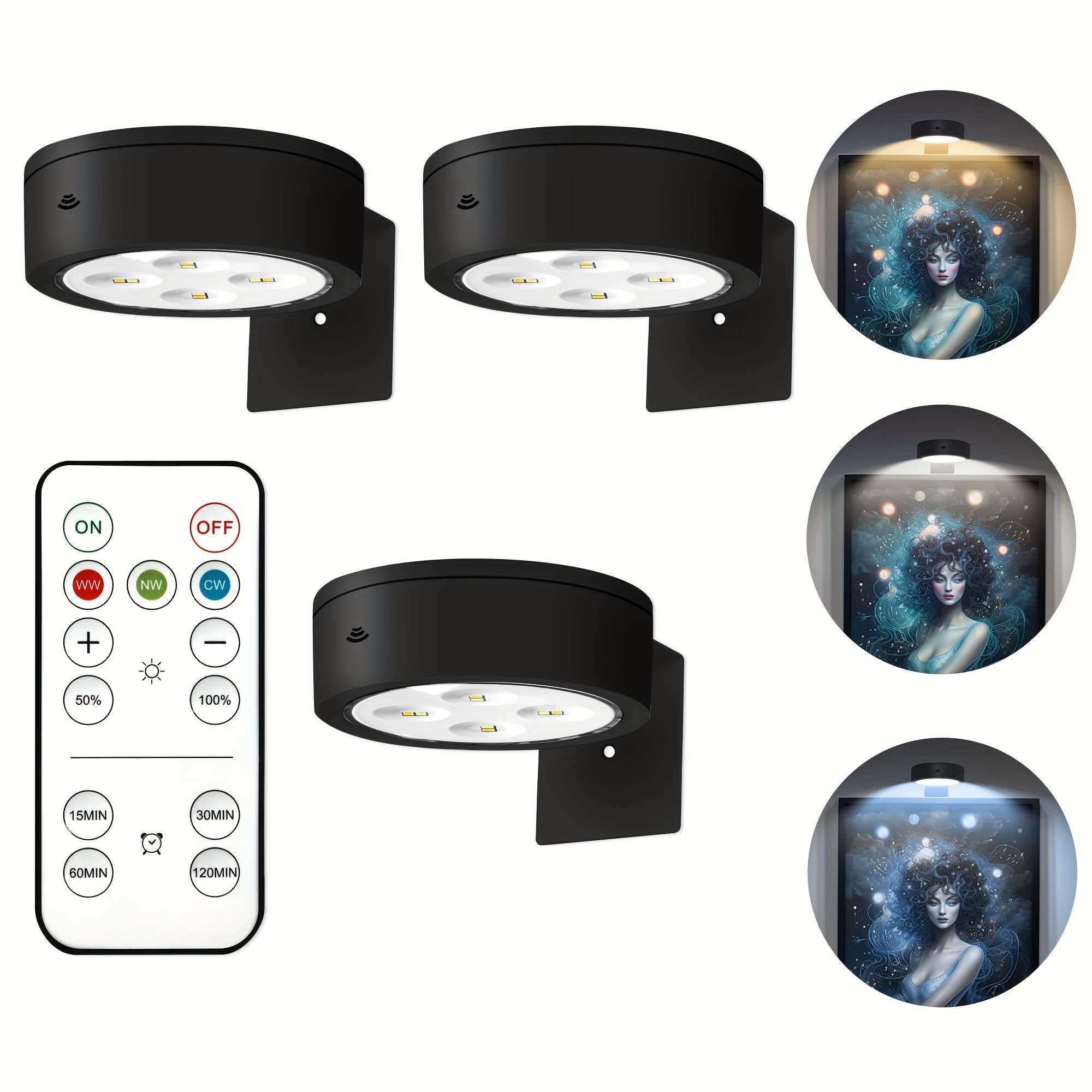 Moktan Sabai Magnetic LED Picture Lights with Remote – Dimmable Wall Art Lights Battery Powered 3pcs