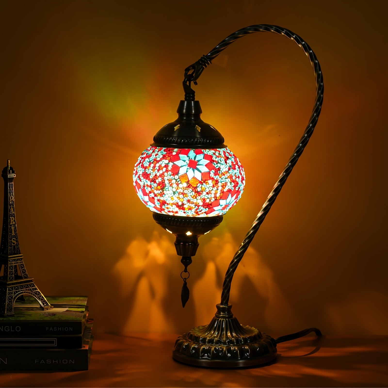 Moktan Sabai Turkish Mosaic Table Lamp – Swan Neck Moroccan Bedside Light with LED Bulb Multicolored-14