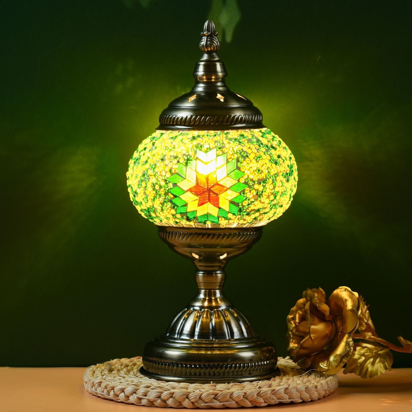 Moktan Sabai Handmade Turkish Mosaic Lamp – Dimmable Glass Pumpkin Night Light for Bedroom Green-new