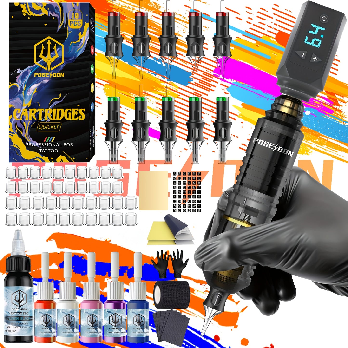 Moktan Sabai Wireless Tattoo Pen Kit, Complete Tattoo Gun Set with Needles & 6 Inks