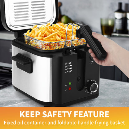1500W Electric Deep Fryer with Basket, 84.5oz Family Size, Adjustable Temp & Easy Clean