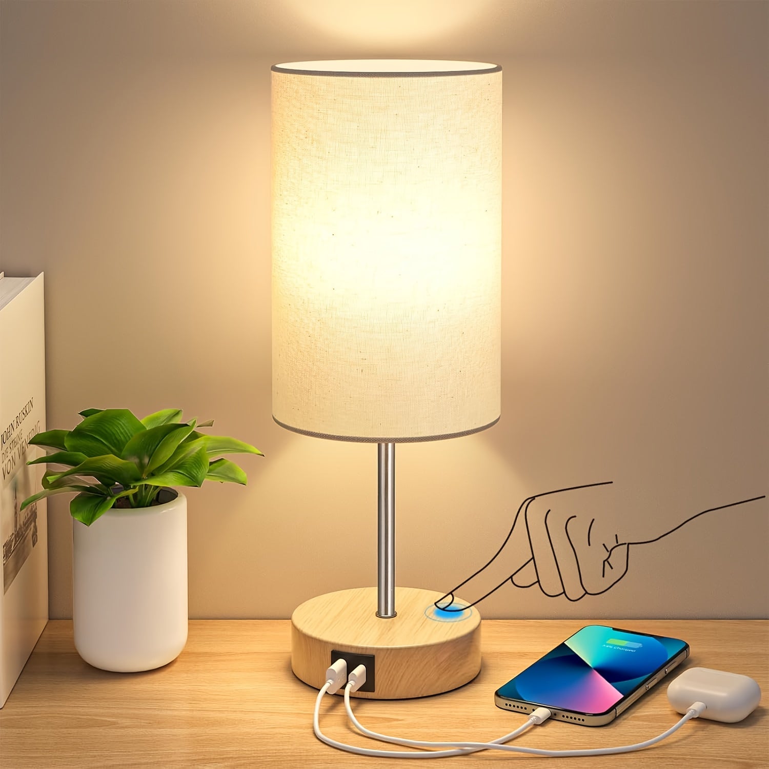 Moktan Sabai 2-Pack Touch Control USB Table Lamps – 3-Way Dimmable LED Bedside Light Set