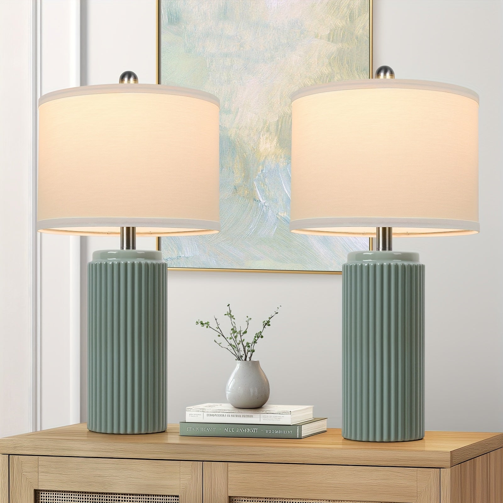 Moktan Sabai Farmhouse Table Lamps Set of 2 – Ceramic Base Bedside Lamps for Bedroom & Living Green