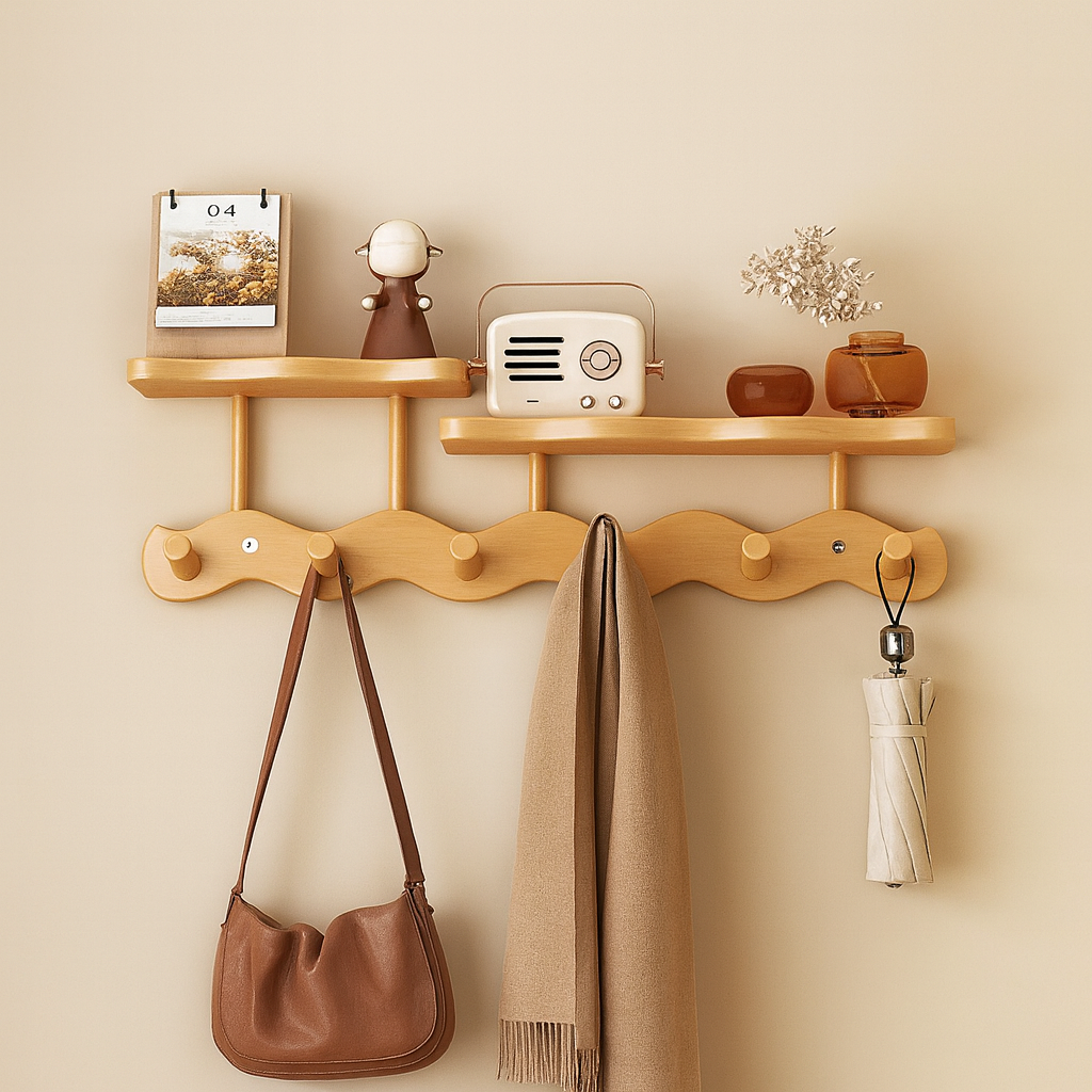 Moktan Sabai Bamboo Wall Coat Rack | Entryway Shelf & Hook Organizer Oak 6