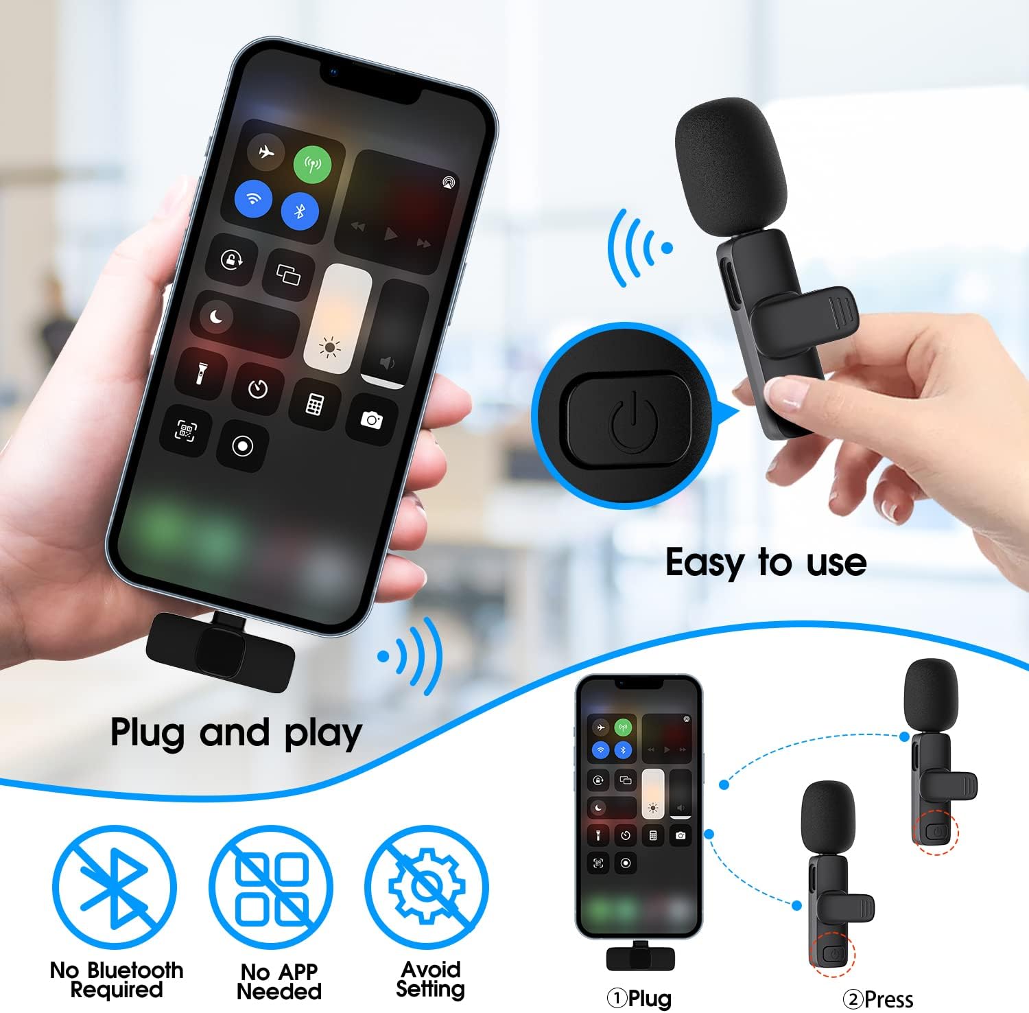 Moktan Sabai Wireless Lavalier Microphone for iPhone iPad Dual Clip On Mic 2 Pack Lightning