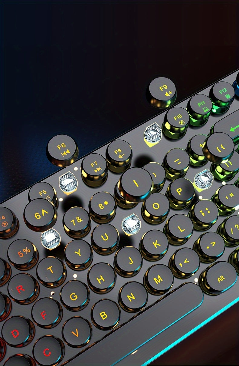 Retro RGB Gaming Keyboard with Round Keycaps, Wired USB Typewriter Keyboard, 104-Key