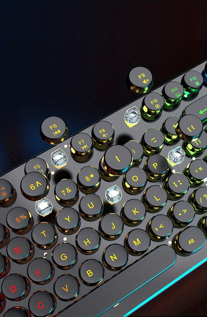 Retro RGB Gaming Keyboard with Round Keycaps, Wired USB Typewriter Keyboard, 104-Key