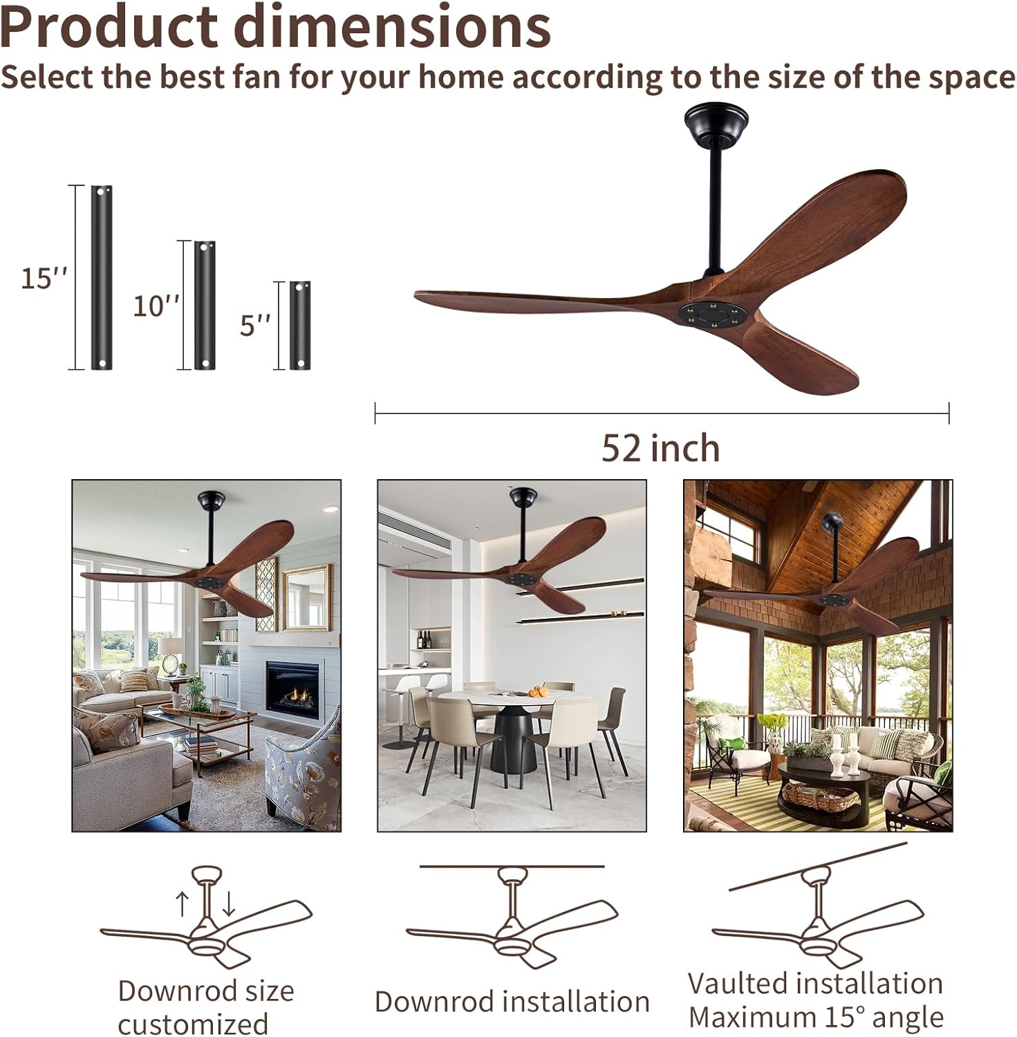 Moktan Sabai 52 Inch Solid Wood Ceiling Fan 3-Blade DC Motor Remote
