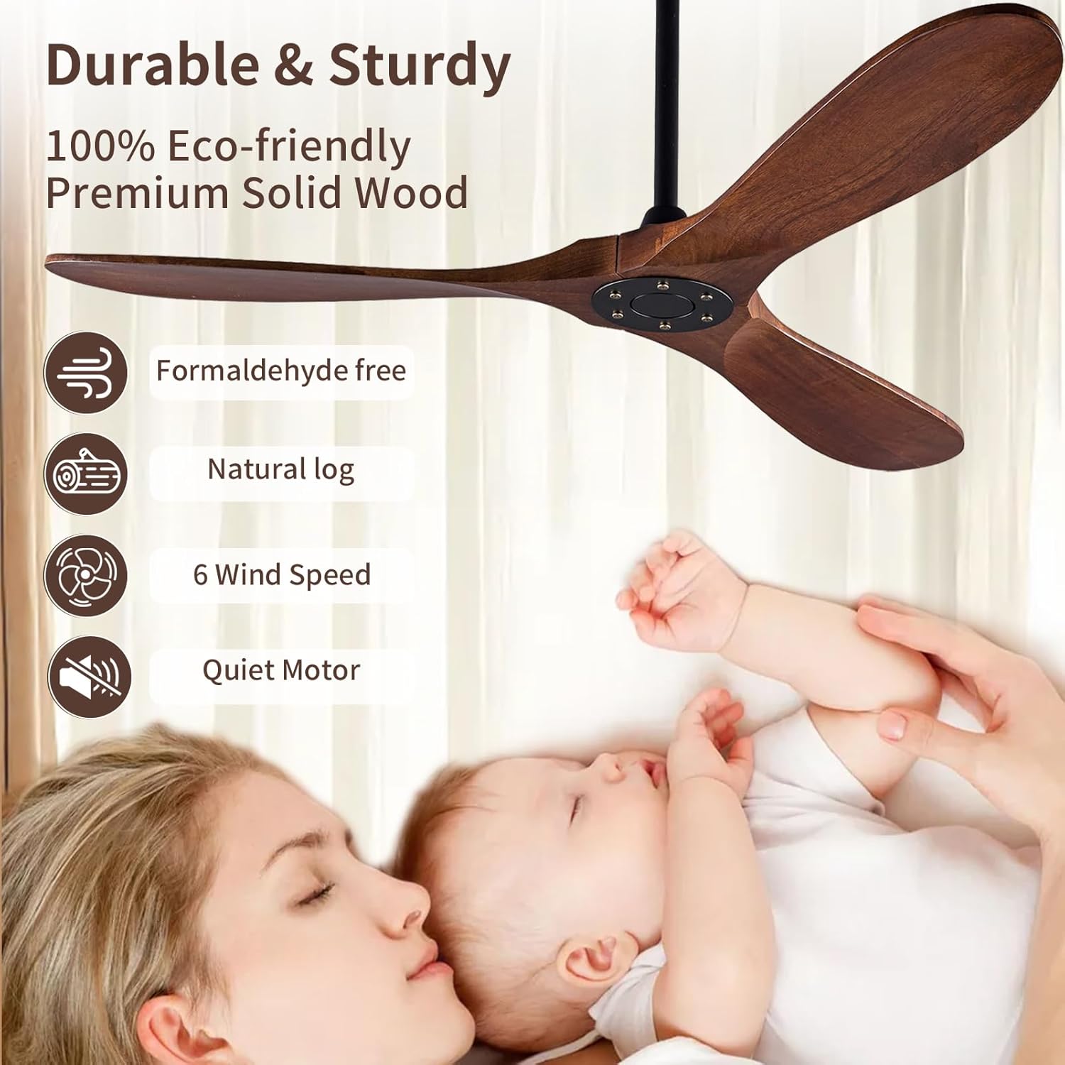 Moktan Sabai 52 Inch Solid Wood Ceiling Fan 3-Blade DC Motor Remote