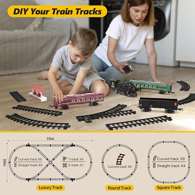 Moktan Sabai Kids Electric Train Set with Steam Smoke Lights Sounds Battery Powered