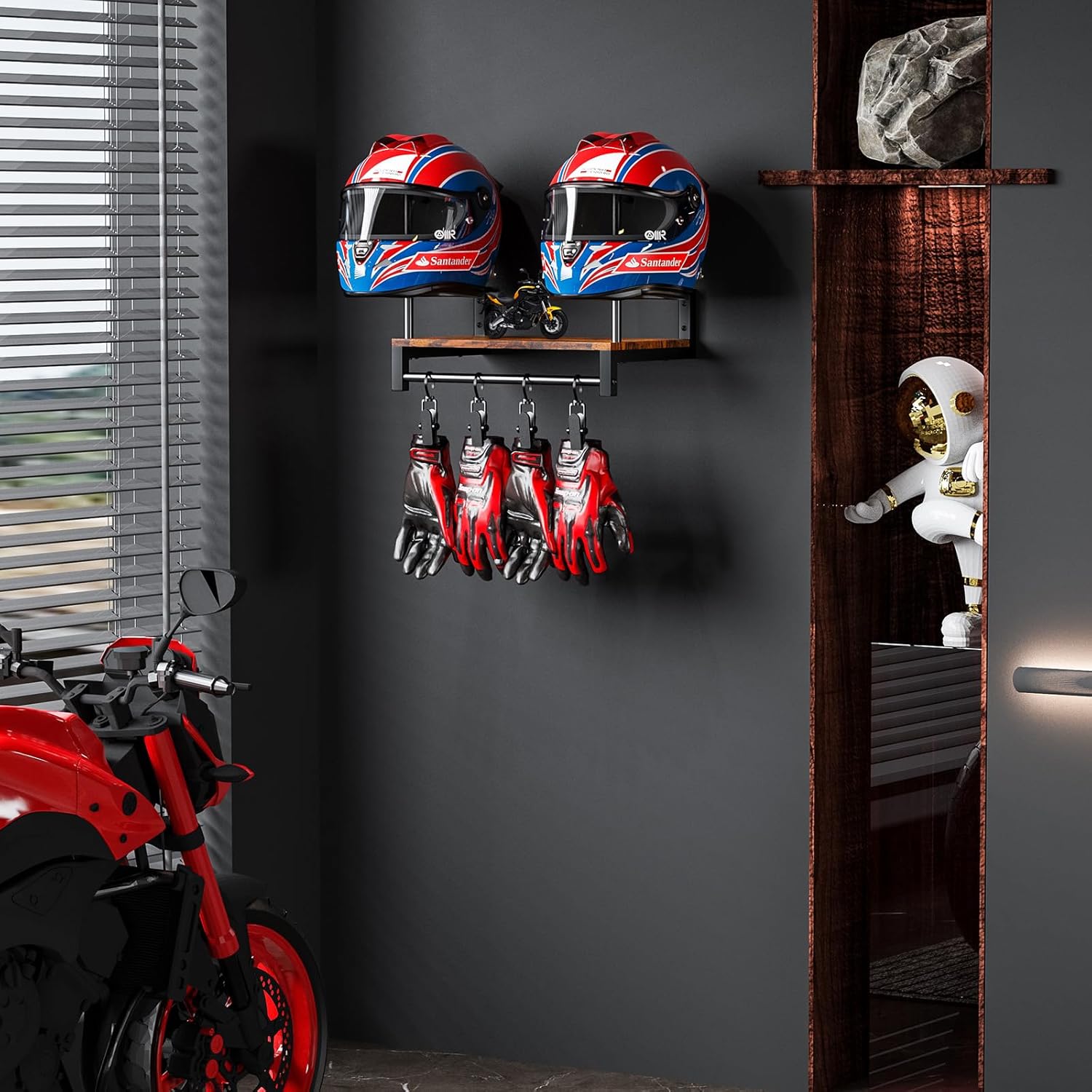 Moktan Sabai Wall Mounted Helmet Rack | Wooden Sports Gear & Jacket Organizer