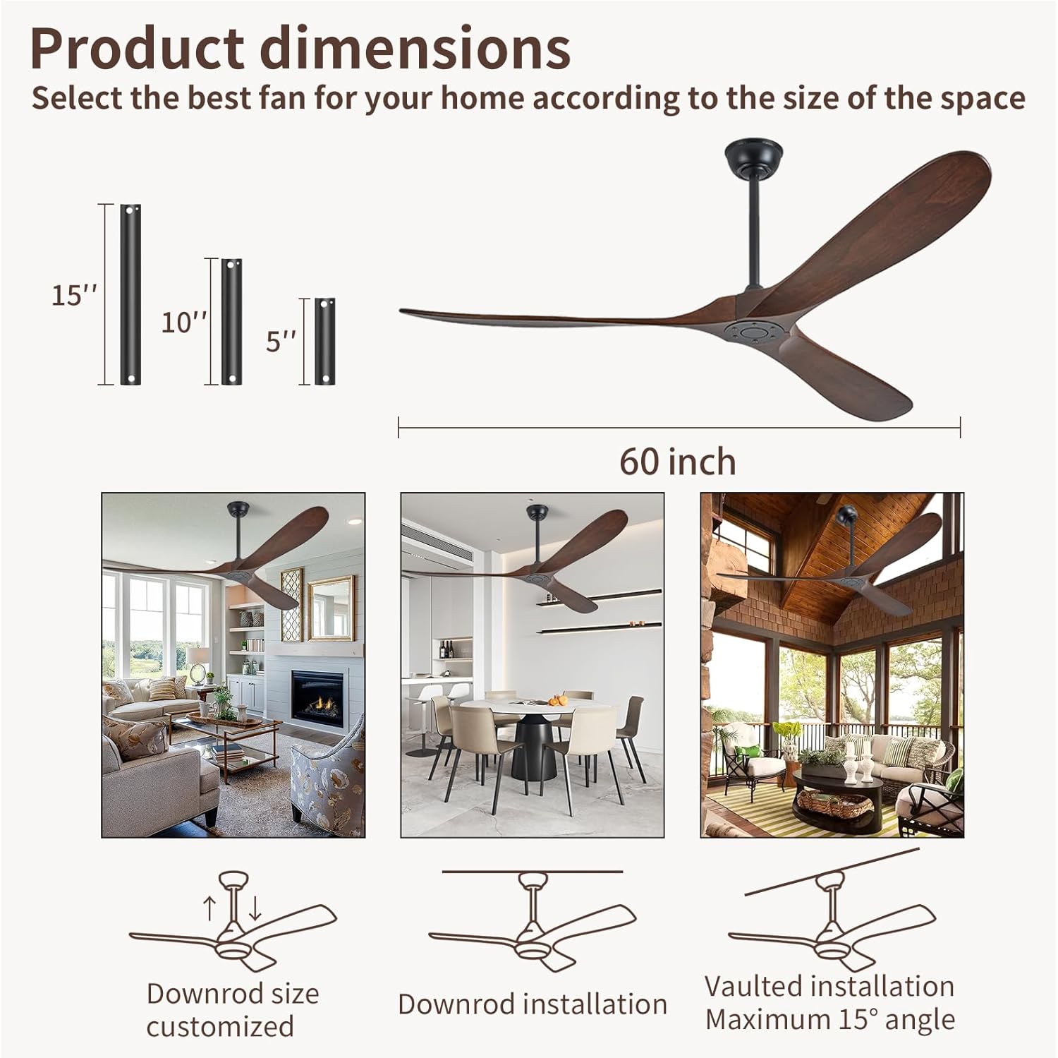 Moktan Sabai 60 Inch Solid Wood Ceiling Fan 3-Blade DC Motor Remote