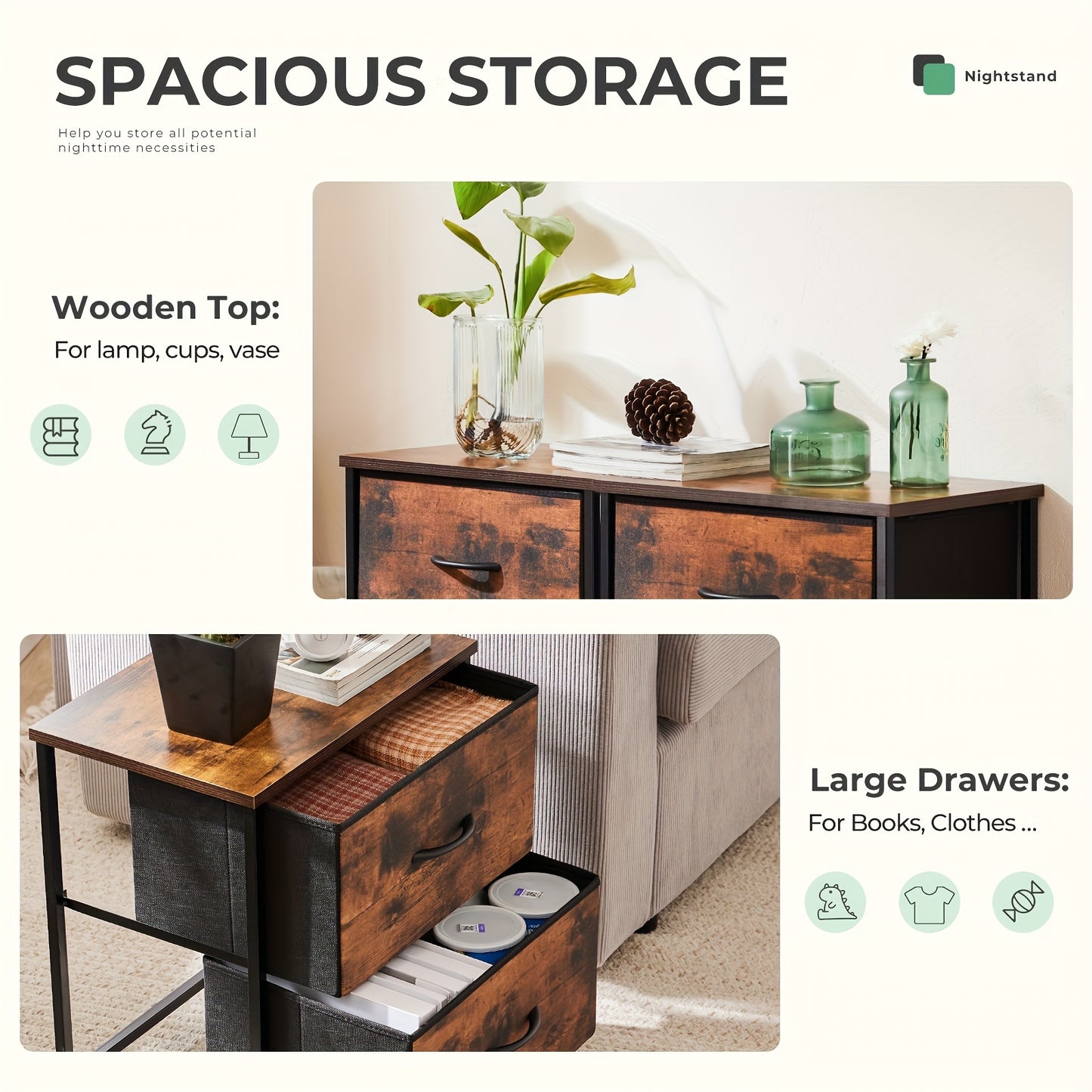 Set of 2 Nightstands with Drawers, Small End Tables with Storage for Bedroom & Office
