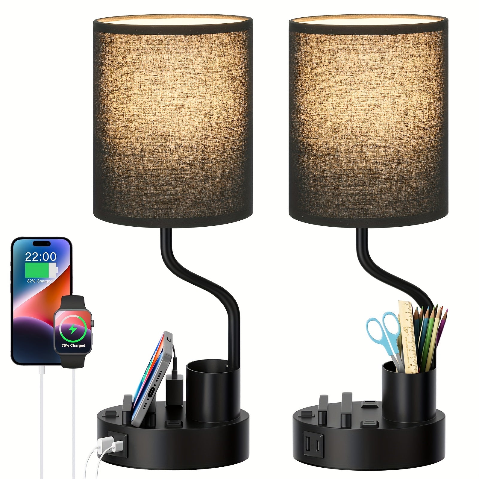 Moktan Sabai Set of 2 Bedside Lamps – USB-C+USB-A & Outlet, 3-Color Modern Nightstand Lights